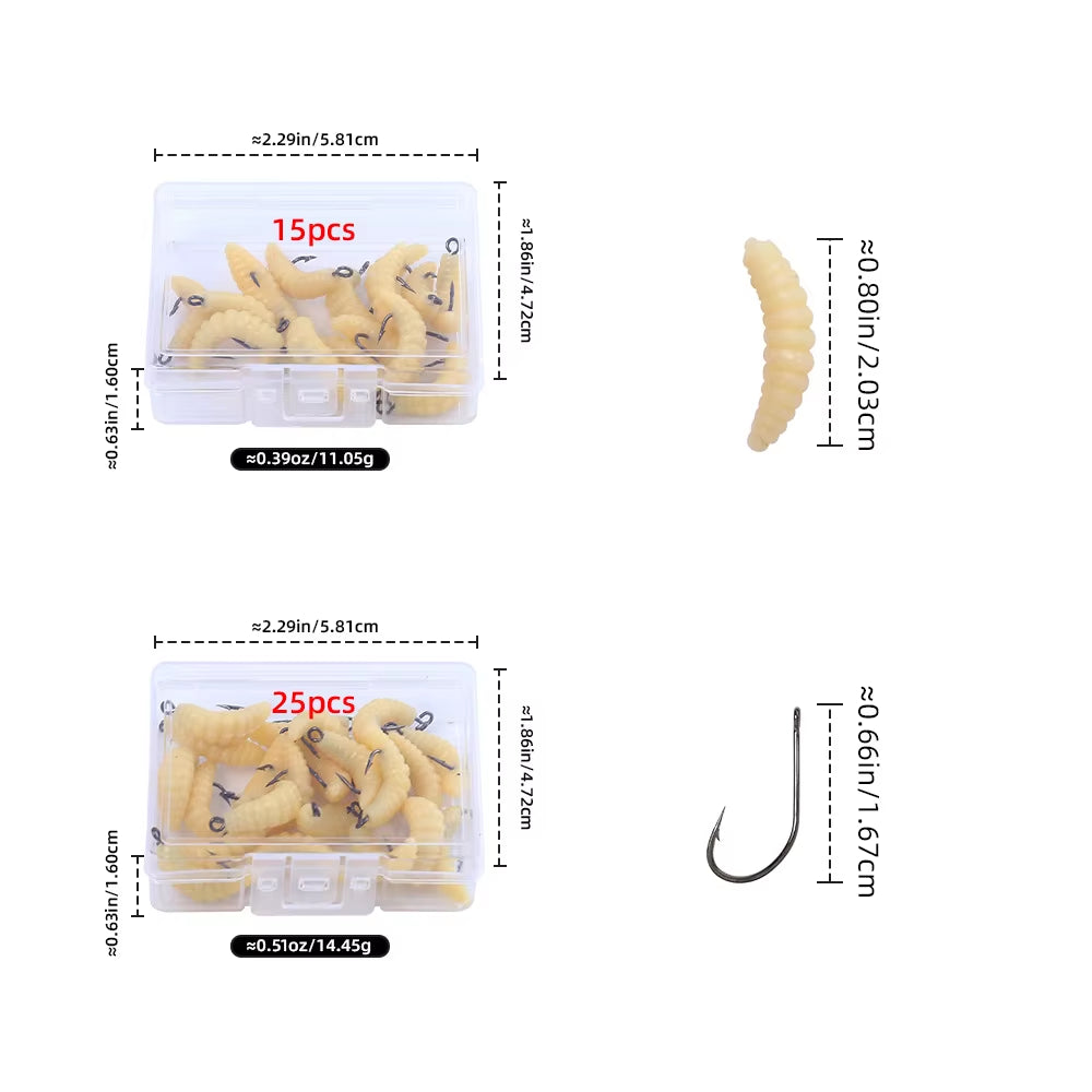 Bionic Rubber Maggot Fishing Bait Set Hooks Luminous Grub Lures Bass Trout Crappie Bluegill Ideal Freshwater Lake River Fishing