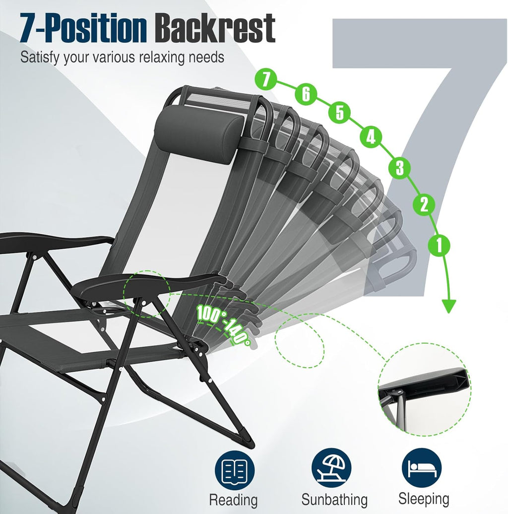 Set of 4 Patio Folding Chairs, Portable Outdoor Dining Chairs with 7-Level Adjustable Backrest, Headrest, Metal Frame, outside Recliner for Front Porch Camping Picnic Lawn Garden, Dark Gray