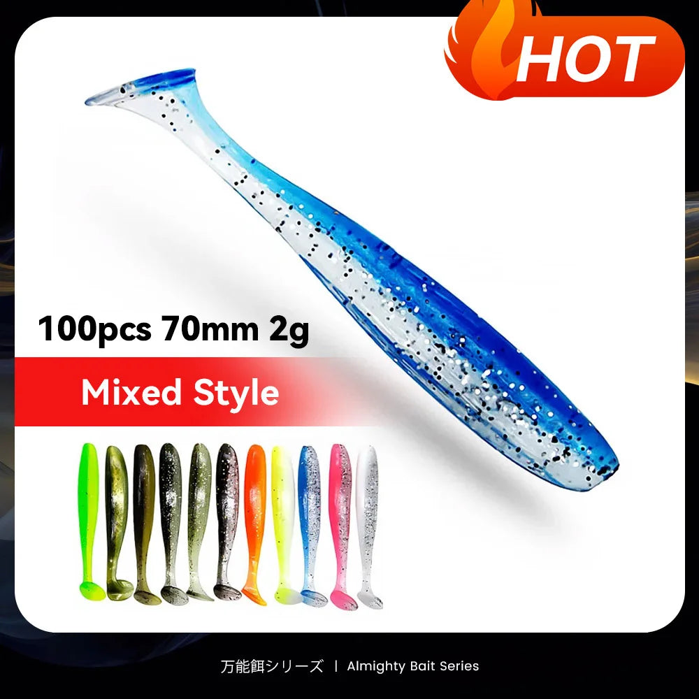 100PCS 70Mm 2G  Shad Worm Fishing Lure Soft Big Silicone T Tail Easy Shiner Bait Wobbler Swimbait Pesca Pike Bass Winter