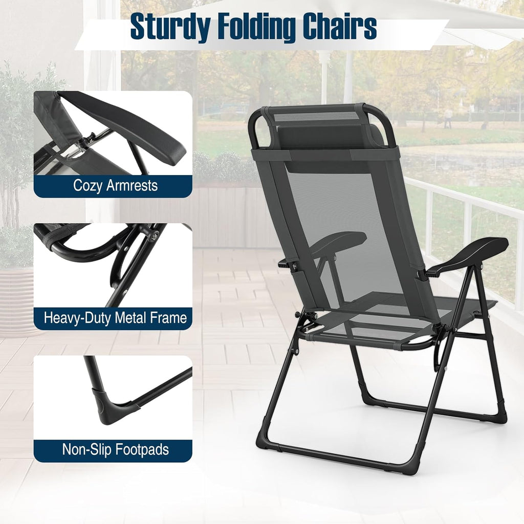 Set of 4 Patio Folding Chairs, Portable Outdoor Dining Chairs with 7-Level Adjustable Backrest, Headrest, Metal Frame, outside Recliner for Front Porch Camping Picnic Lawn Garden, Dark Gray