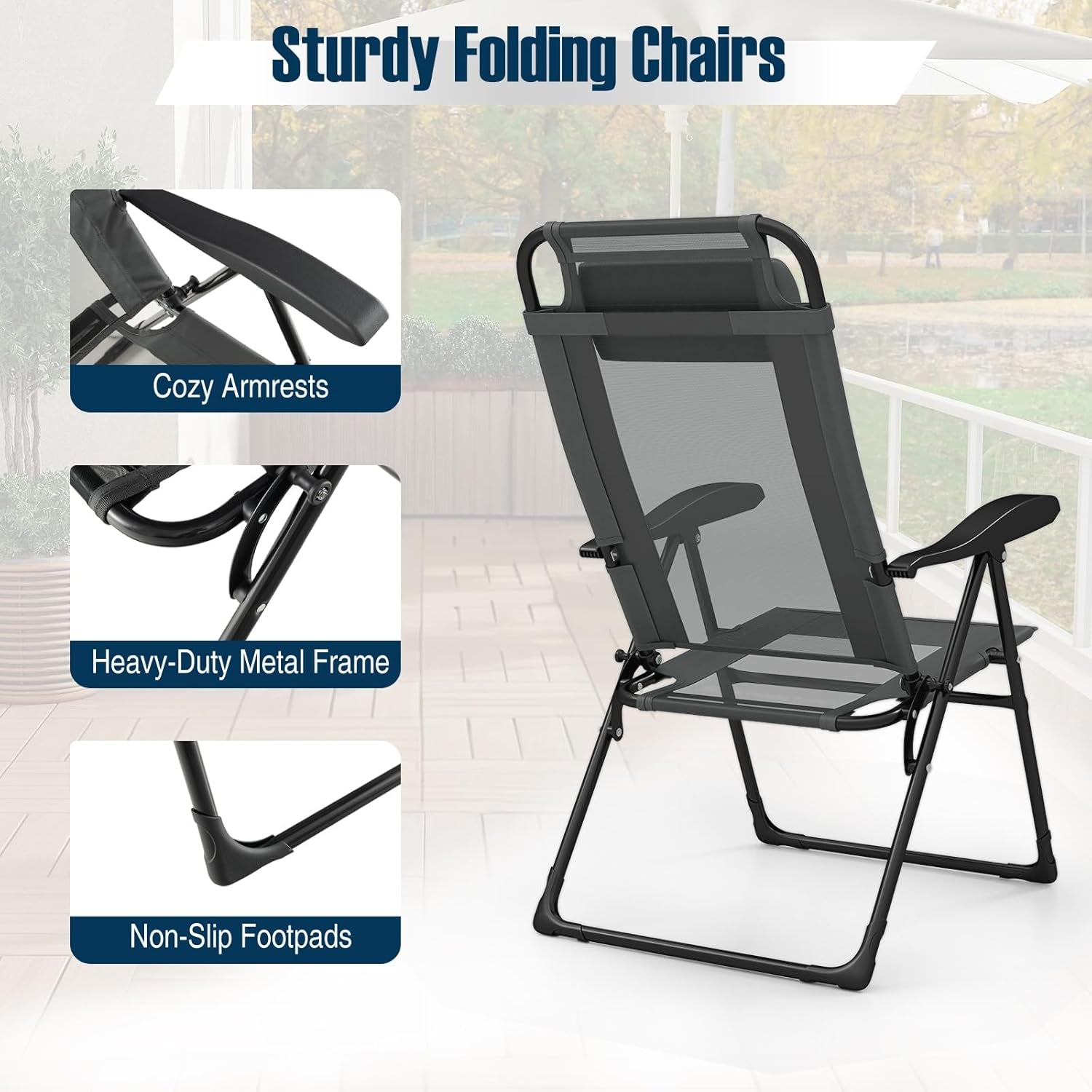 Set of 4 Patio Folding Chairs, Portable Outdoor Dining Chairs with 7-Level Adjustable Backrest, Headrest, Metal Frame, outside Recliner for Front Porch Camping Picnic Lawn Garden, Dark Gray