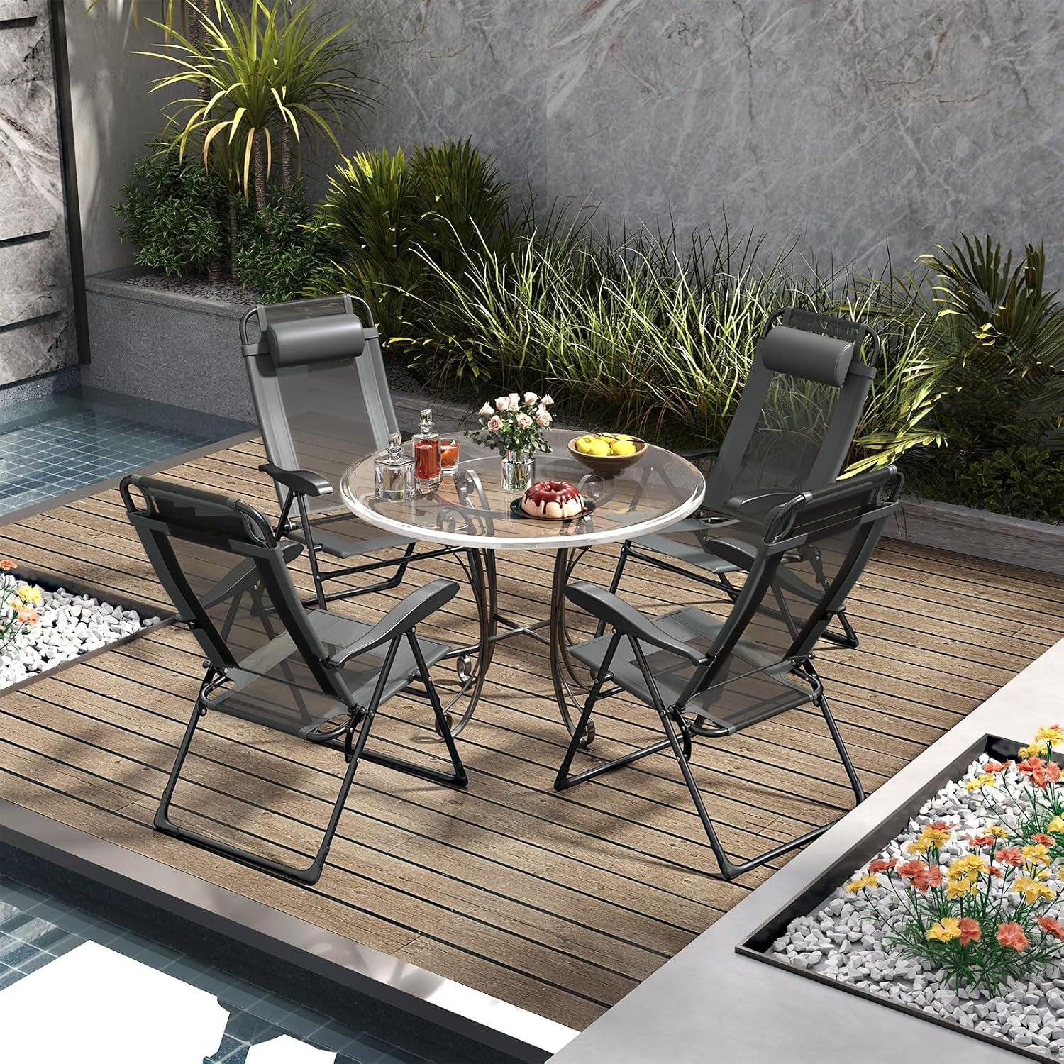 Set of 4 Patio Folding Chairs, Portable Outdoor Dining Chairs with 7-Level Adjustable Backrest, Headrest, Metal Frame, outside Recliner for Front Porch Camping Picnic Lawn Garden, Dark Gray