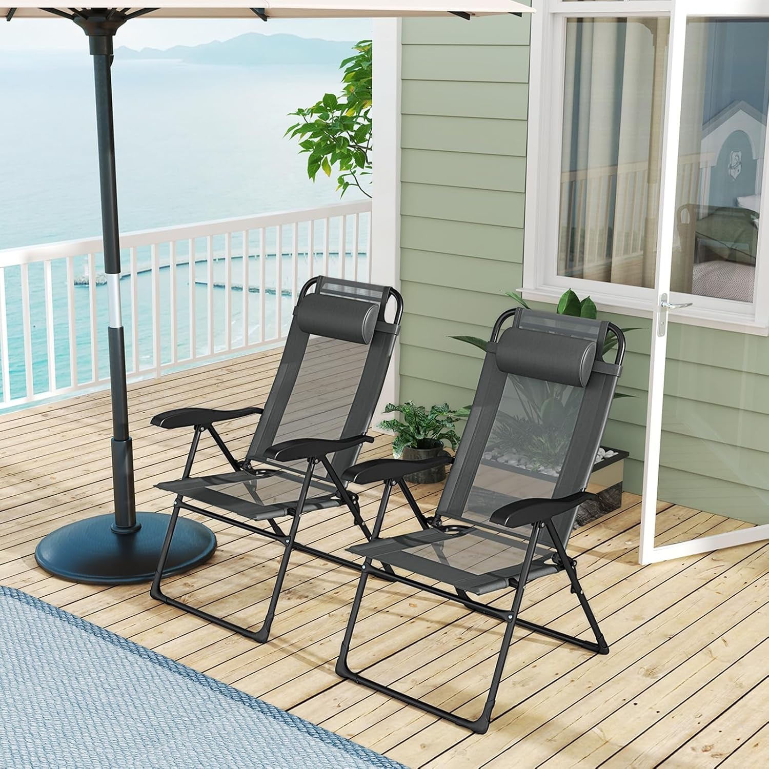 Set of 4 Patio Folding Chairs, Portable Outdoor Dining Chairs with 7-Level Adjustable Backrest, Headrest, Metal Frame, outside Recliner for Front Porch Camping Picnic Lawn Garden, Dark Gray