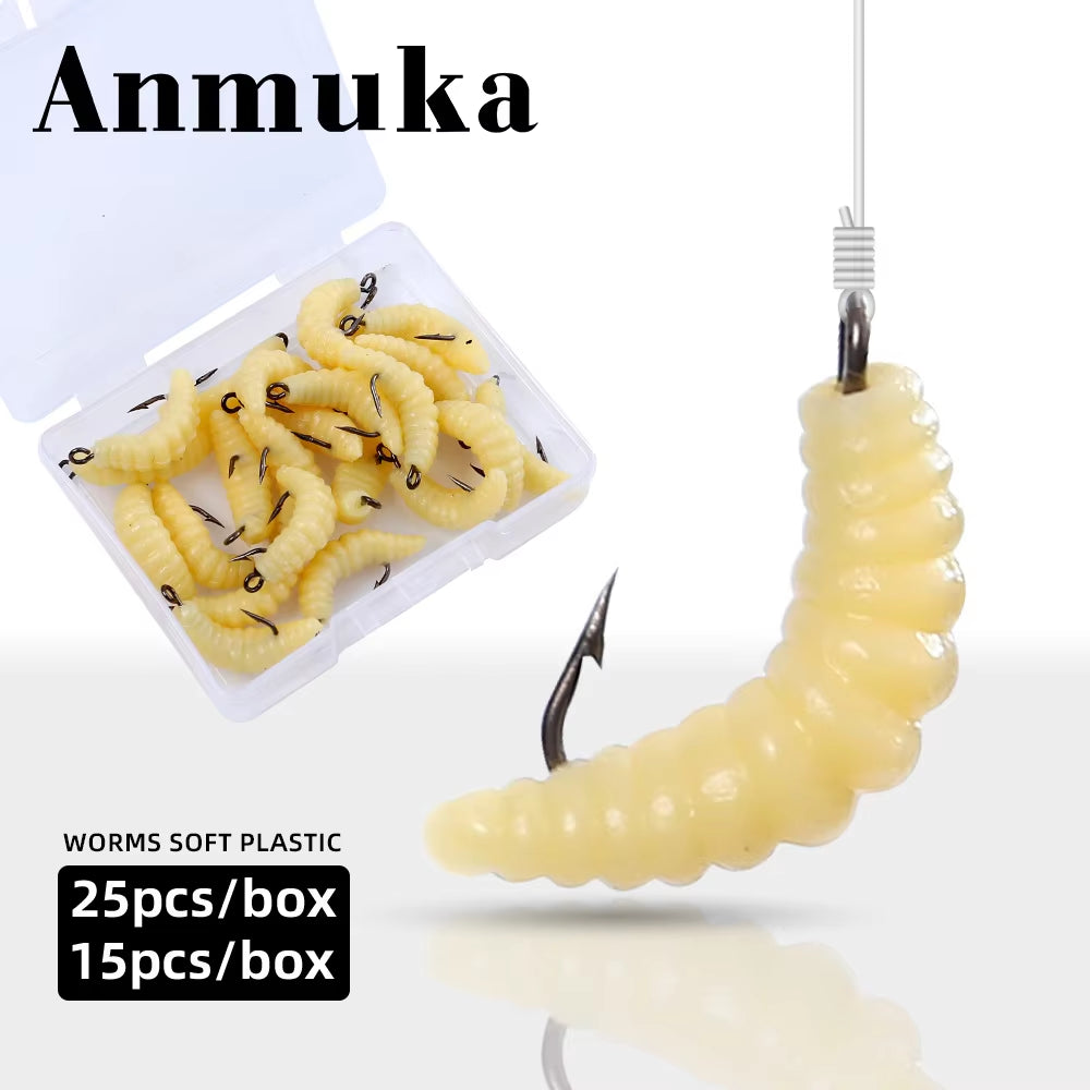 Bionic Rubber Maggot Fishing Bait Set Hooks Luminous Grub Lures Bass Trout Crappie Bluegill Ideal Freshwater Lake River Fishing