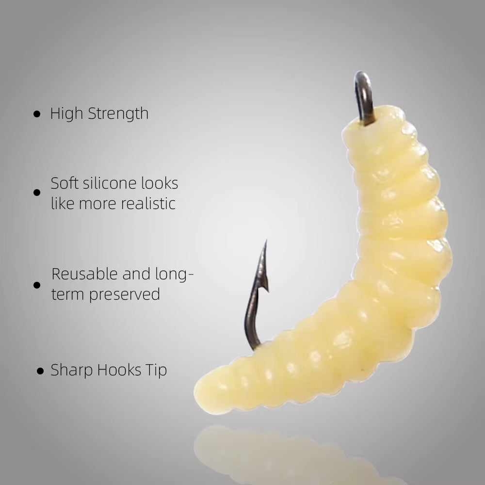 Bionic Rubber Maggot Fishing Bait Set Hooks Luminous Grub Lures Bass Trout Crappie Bluegill Ideal Freshwater Lake River Fishing