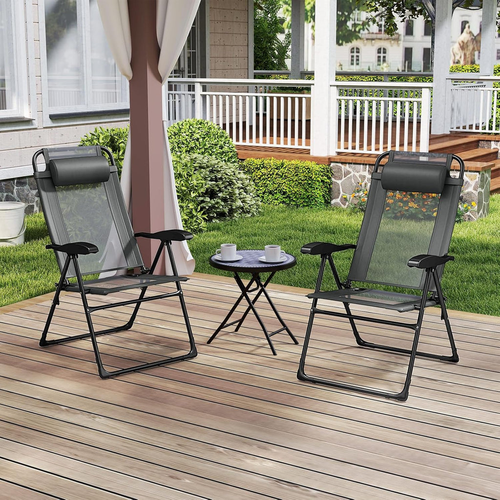 Set of 4 Patio Folding Chairs, Portable Outdoor Dining Chairs with 7-Level Adjustable Backrest, Headrest, Metal Frame, outside Recliner for Front Porch Camping Picnic Lawn Garden, Dark Gray