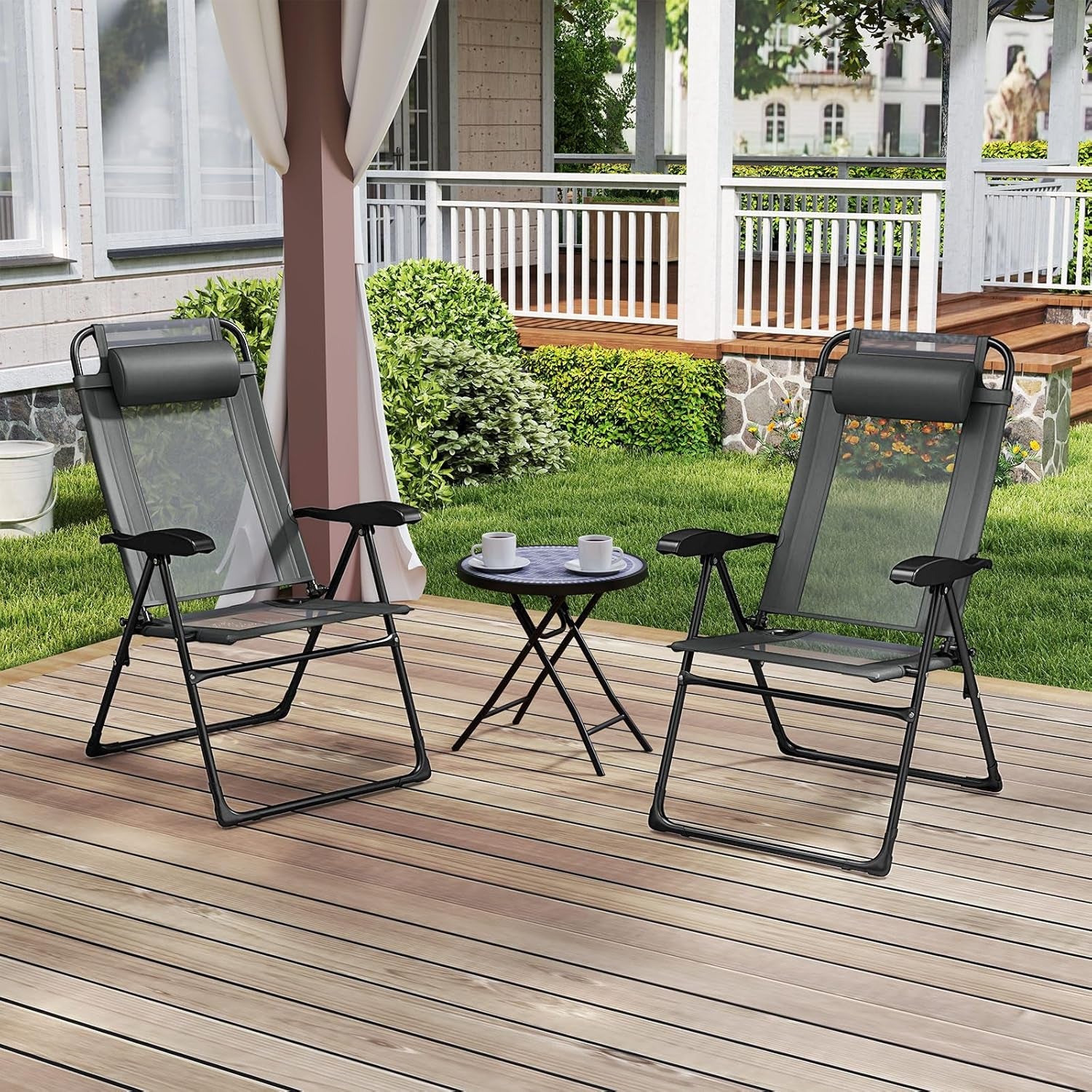 Set of 4 Patio Folding Chairs, Portable Outdoor Dining Chairs with 7-Level Adjustable Backrest, Headrest, Metal Frame, outside Recliner for Front Porch Camping Picnic Lawn Garden, Dark Gray