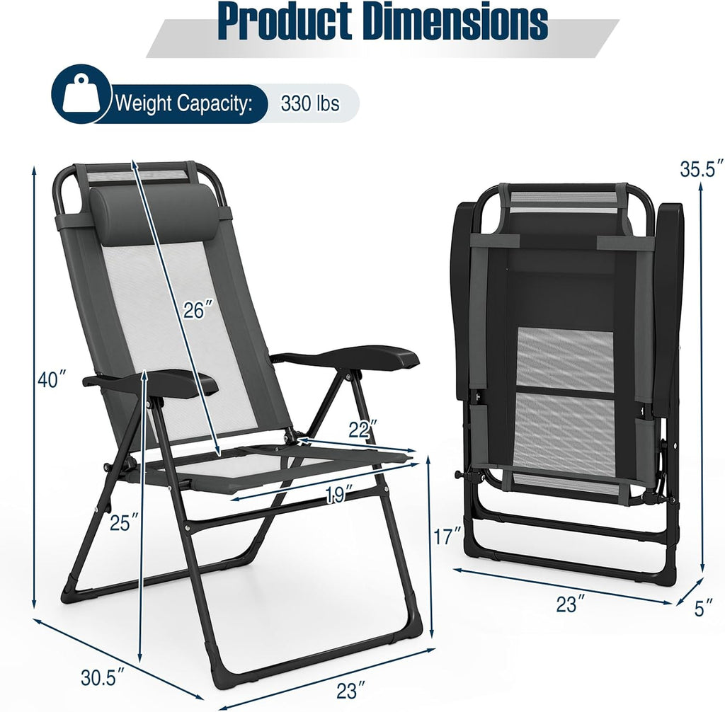 Set of 4 Patio Folding Chairs, Portable Outdoor Dining Chairs with 7-Level Adjustable Backrest, Headrest, Metal Frame, outside Recliner for Front Porch Camping Picnic Lawn Garden, Dark Gray