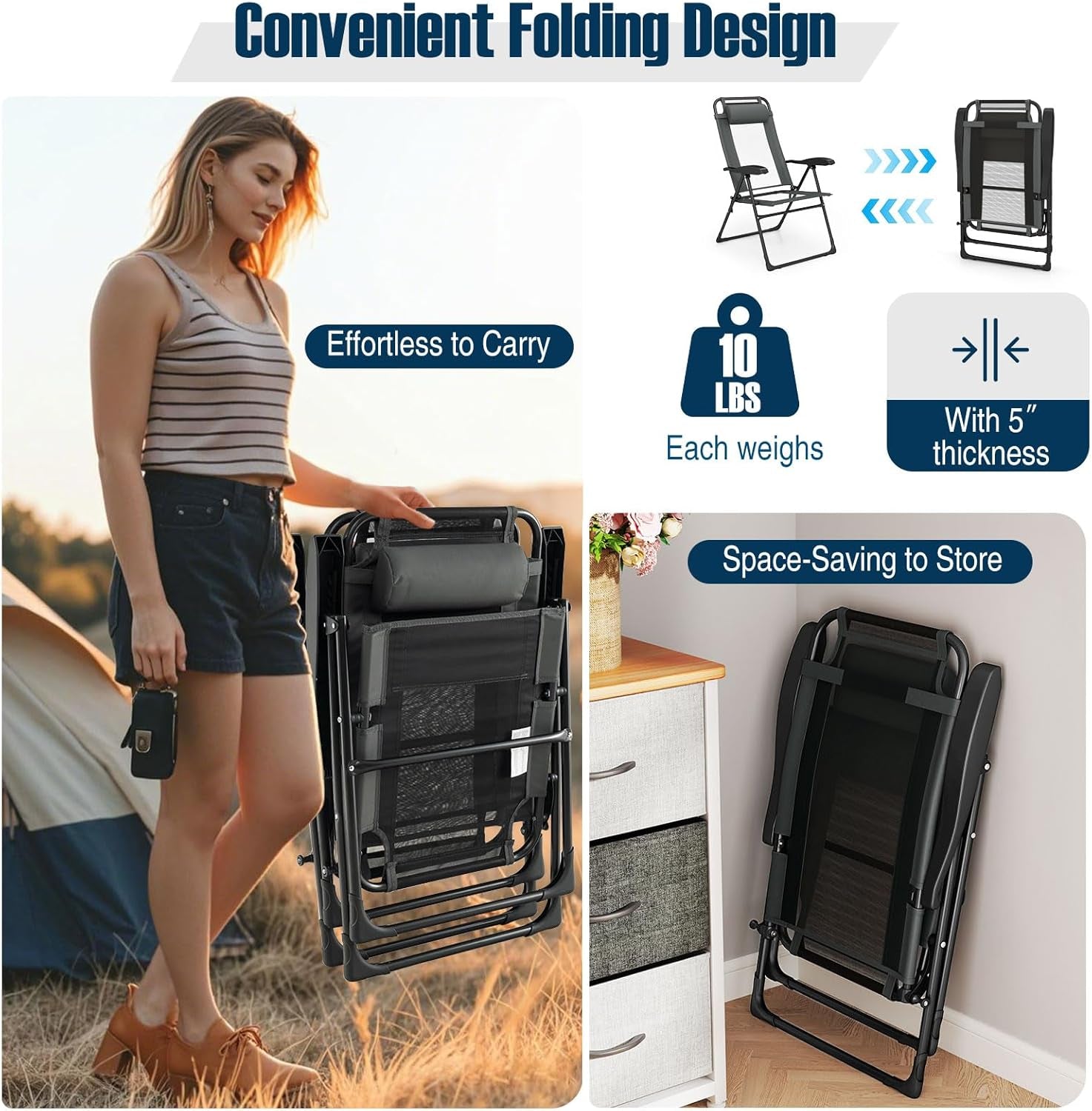 Set of 4 Patio Folding Chairs, Portable Outdoor Dining Chairs with 7-Level Adjustable Backrest, Headrest, Metal Frame, outside Recliner for Front Porch Camping Picnic Lawn Garden, Dark Gray