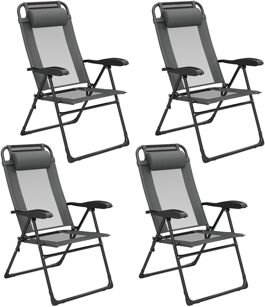 Set of 4 Patio Folding Chairs, Portable Outdoor Dining Chairs with 7-Level Adjustable Backrest, Headrest, Metal Frame, outside Recliner for Front Porch Camping Picnic Lawn Garden, Dark Gray