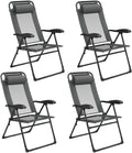Set of 4 Patio Folding Chairs, Portable Outdoor Dining Chairs with 7-Level Adjustable Backrest, Headrest, Metal Frame, outside Recliner for Front Porch Camping Picnic Lawn Garden, Dark Gray
