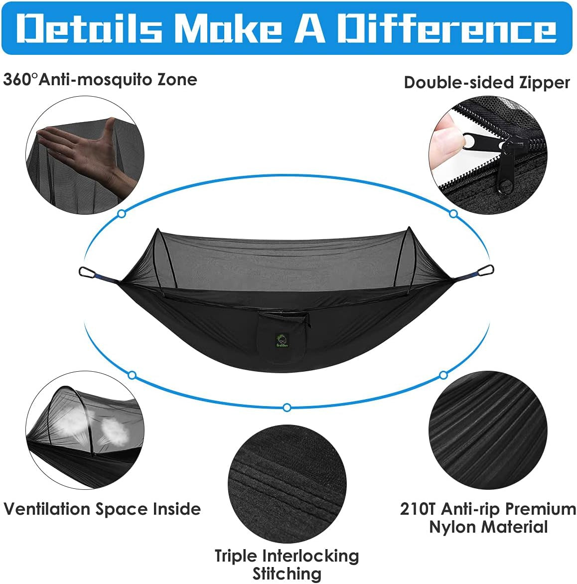 Camping Hammock Mosquito Net, Portable Hammock with Net Single or Double, Hammock Tent for Travel Camping, Camping Accessories for Indoor, Outdoor, Hiking, Backpacking, Backyard, Beach